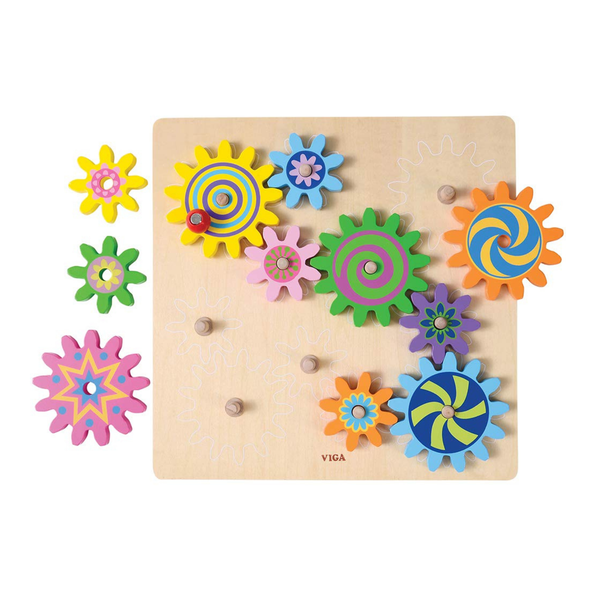 أحجية فيجا الخشبية الدوارة من مونتيسوري، تُنمّي مهارات التنسيق بين اليد والعين والتفكير المنطقي، مع إمكانية تبديل وتدوير التروس للعب الإبداعي، وهي لعبة تعليمية صديقة للبيئة وغير سامة، مناسبة للأعمار من 18 شهرًا فما فوق.