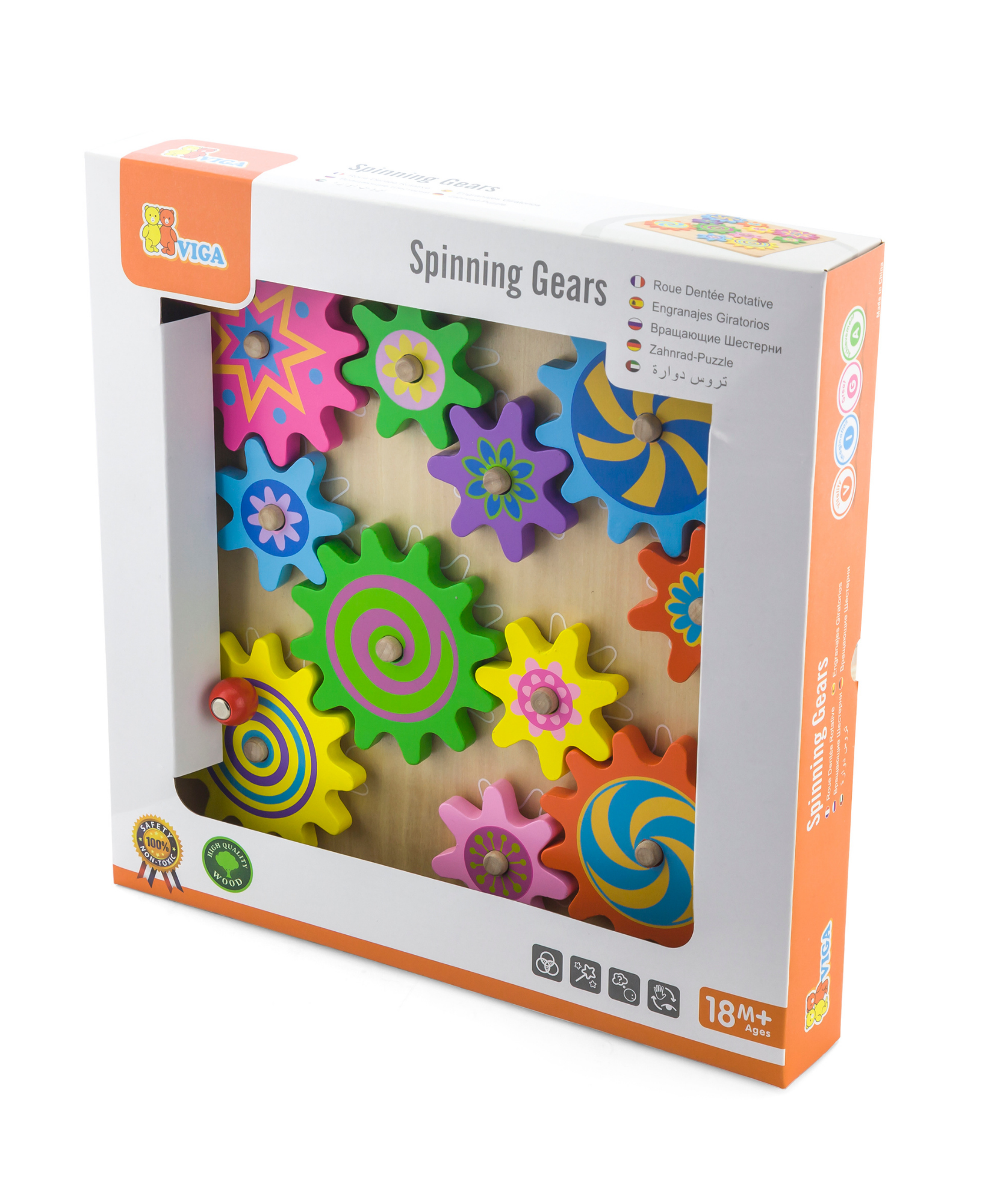 أحجية فيجا الخشبية الدوارة من مونتيسوري، تُنمّي مهارات التنسيق بين اليد والعين والتفكير المنطقي، مع إمكانية تبديل وتدوير التروس للعب الإبداعي، وهي لعبة تعليمية صديقة للبيئة وغير سامة، مناسبة للأعمار من 18 شهرًا فما فوق.