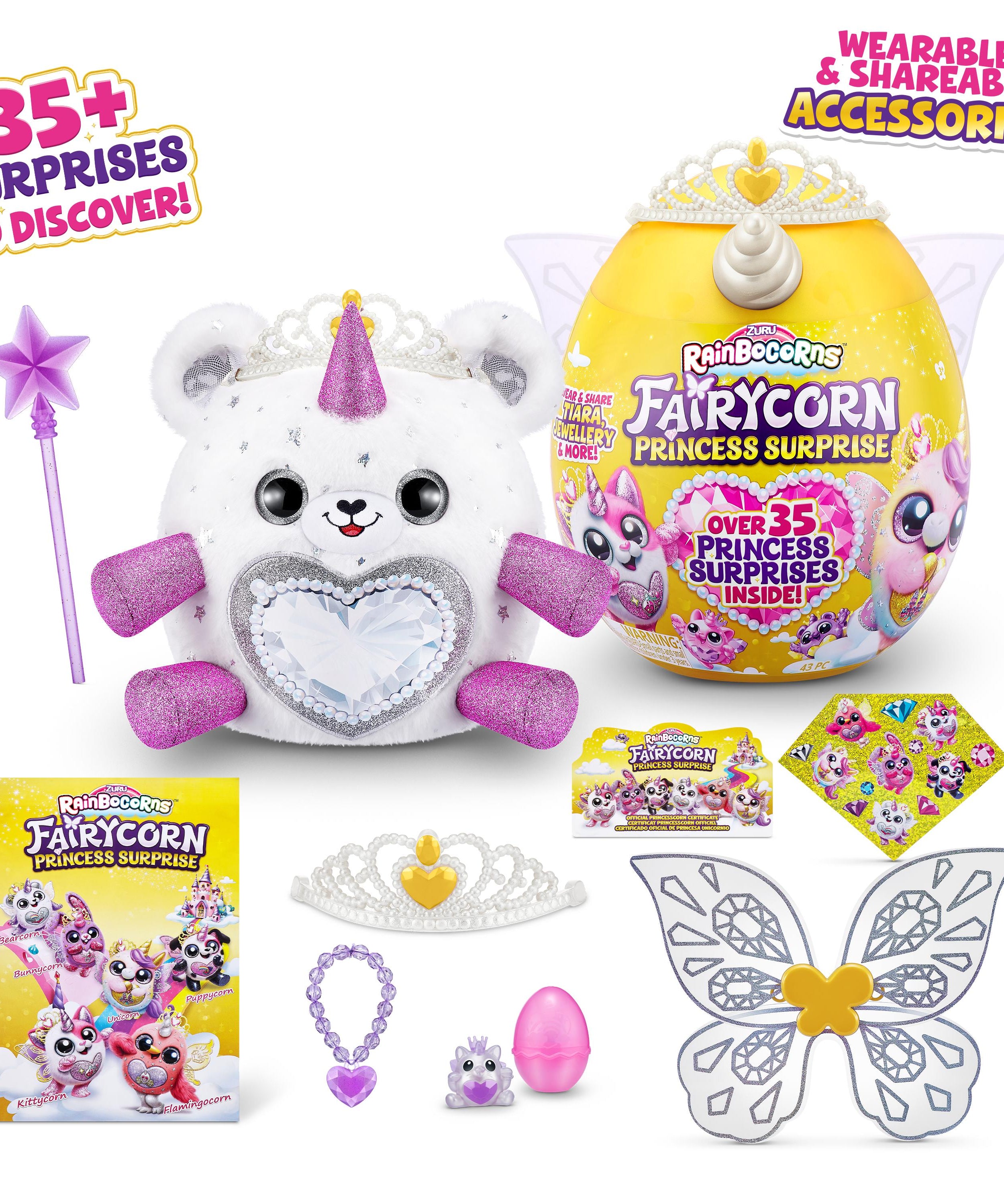 Rainbocorns Fairycorn Princess Surprise (Puppy) 11" Collectible Plush Toy with 35+ Surprises, Fairy Wings, Tiara, Wand, Boo-Boocorn, and Surprise Egg, Soft Toy for Girls Ages 3+