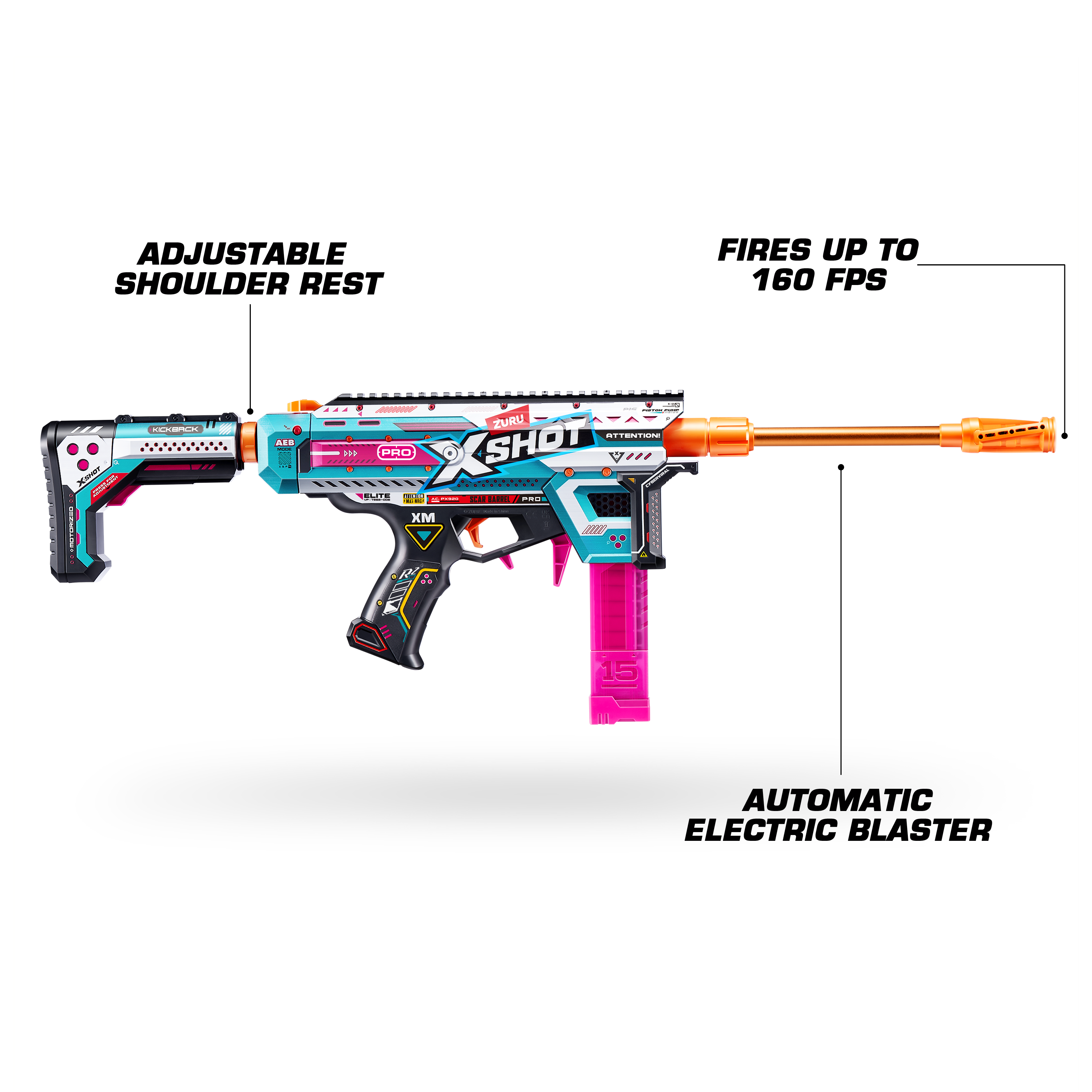 XSHOT Pro Motorized Blaster S1 AEB Automatic Electric Dart Gun with Adjustable Shoulder Rest, Accuracy Pro Roller Scar, Semi/Full Auto, Shoots 160FPS, Air Pocket Technology Darts, Age 14+