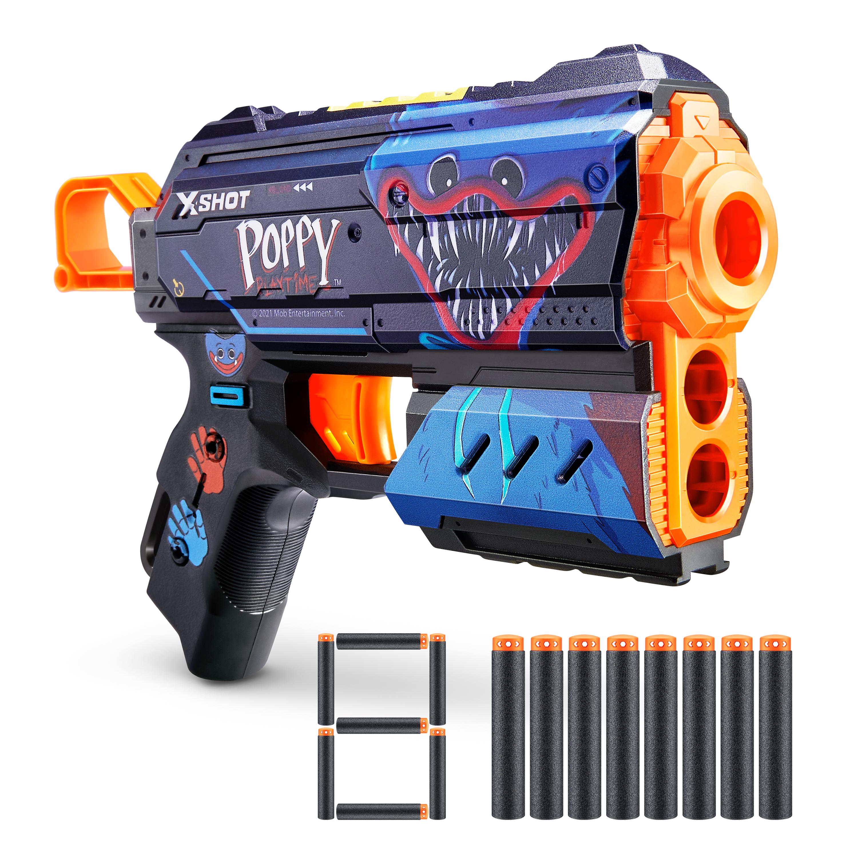 XSHOT Skins Flux, Poppy Playtime Jumpscare Edition (8 Darts), Foam Dart Blaster with Air Pocket Dart Technology, Shoots up to 27m, Collectible Toy Gun for Kids Ages 8+, Boys, Girls, Teens