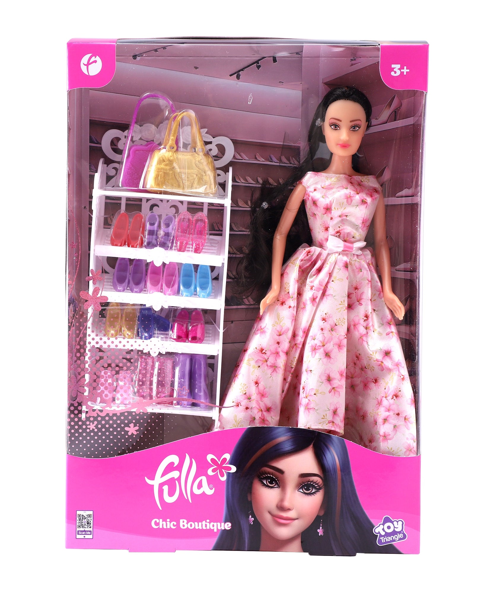 Fulla Chic Boutique Doll, Fashion Doll with 10 Pairs of Shoes, Handbags, Ankle Boots & Shoe Shelf for Creative Dress-Up Play for Girls, Age 3+