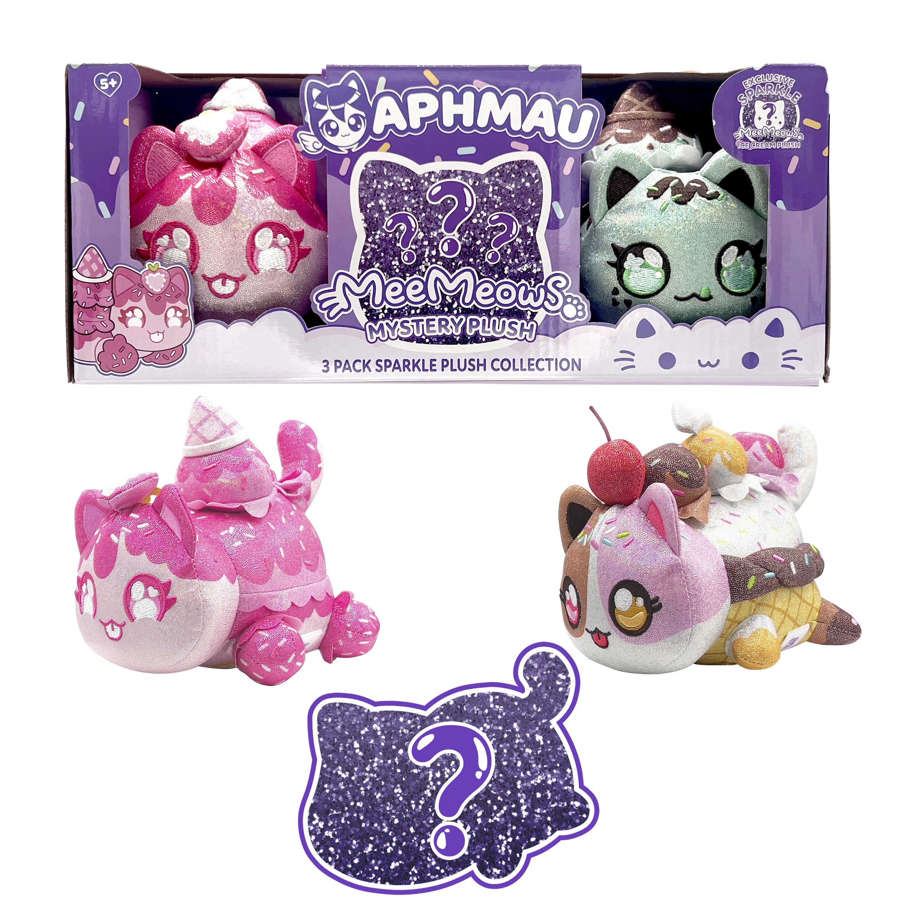 Aphmau MeeMeow Plush 3-Pack Sparkle Ice Cream Edition, 6 Inch Collectible Cat Plush Toys, Soft & Cuddly Gift for Kids, Ages 5+