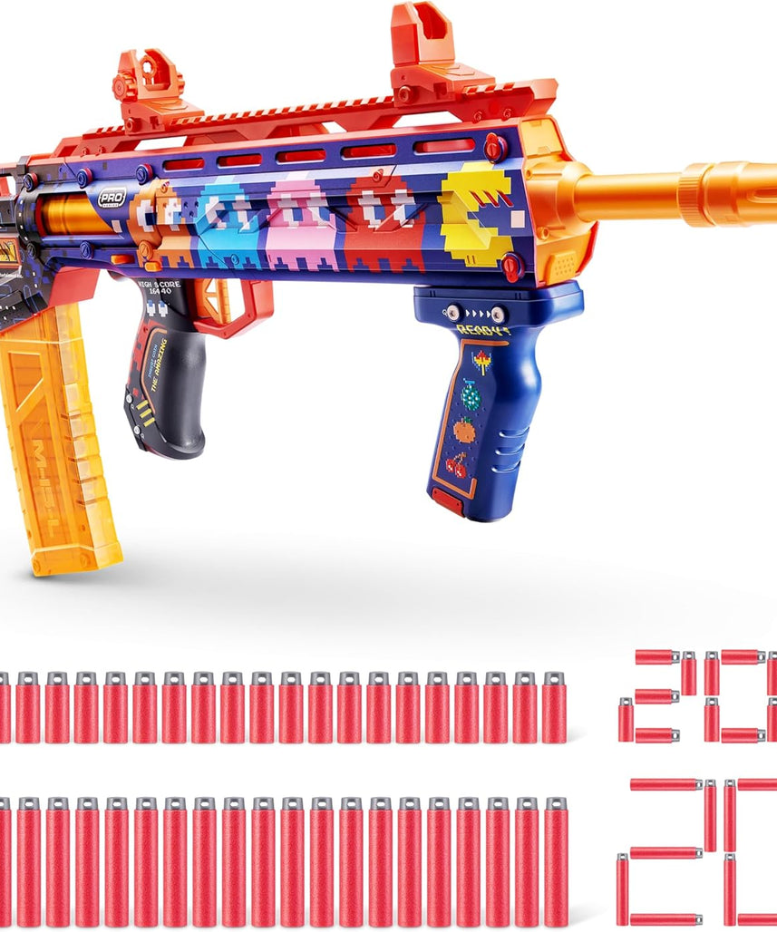 XShot Skins Pro Pac-Man Long Shot Blaster, 40 Darts, Slam Fire, Retro Skin, 2 Quick Clips, Half & Full-Length Ammo, Air Pocket Foam Tech, 66ft Range for Boys, Age 14+