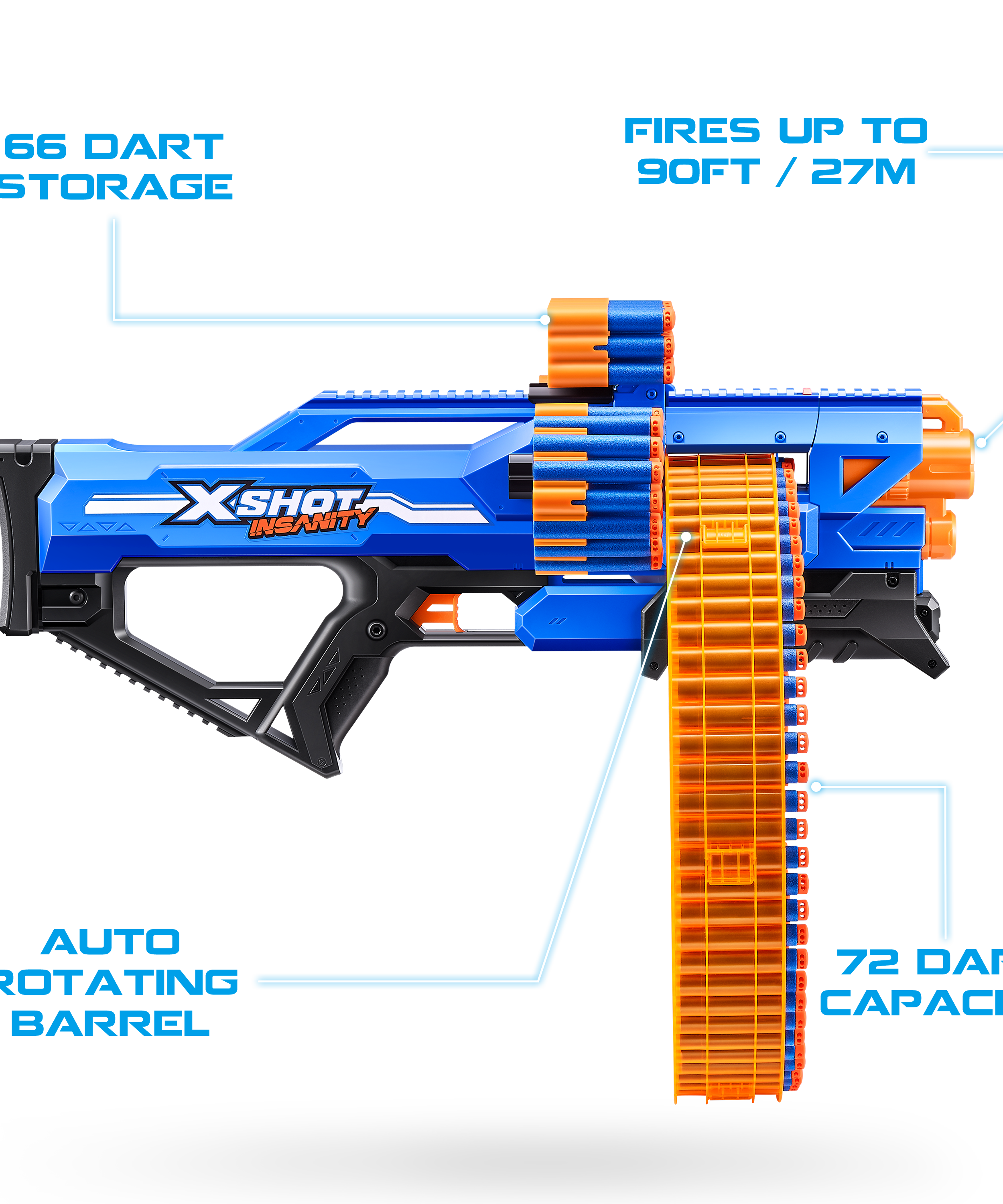 XSHOT Insanity Mad Mega Barrel Blaster, 72 Dart Capacity Toy Gun with Air Pocket Technology, Rapid-Fire Outdoor Blaster for Kids, Ages 3-5