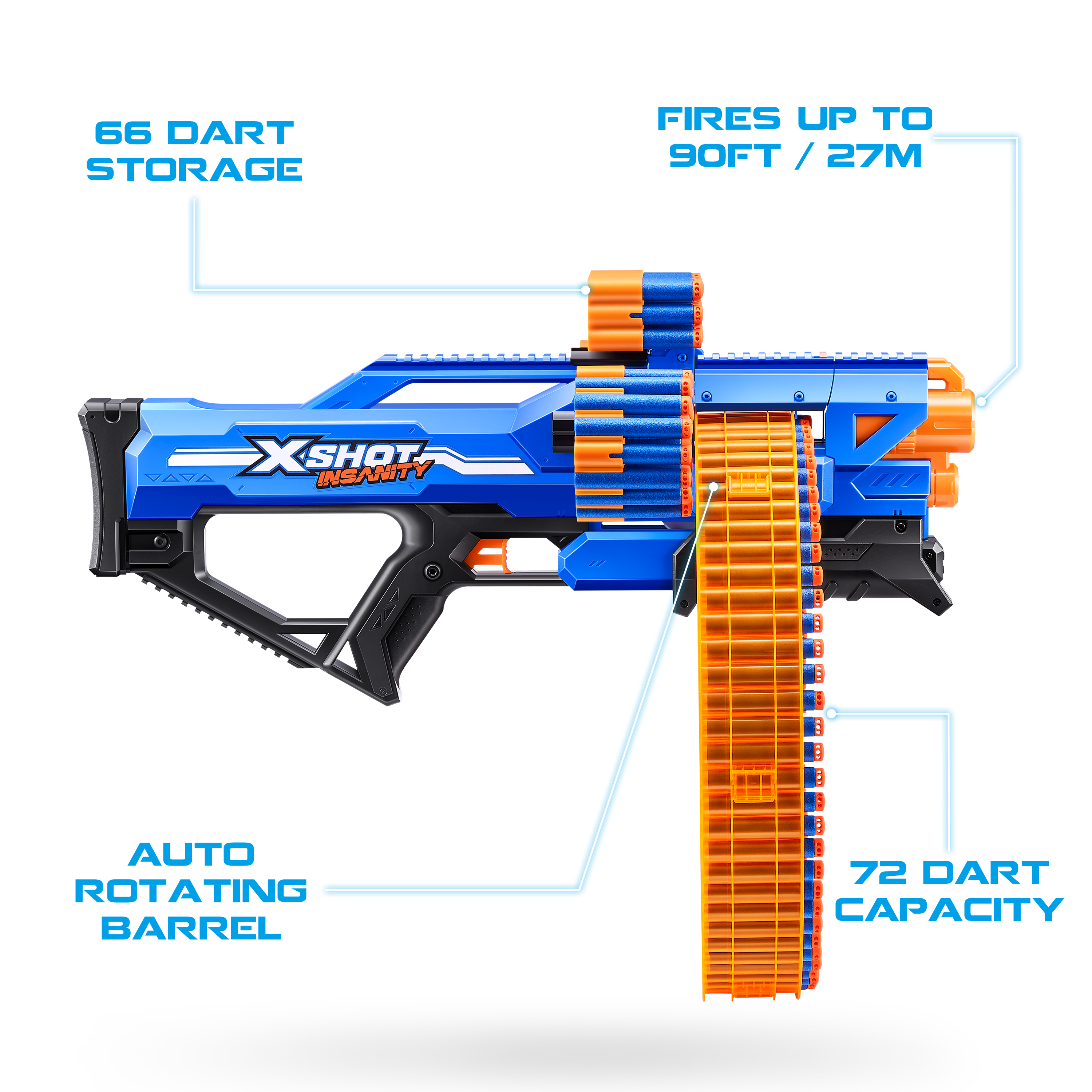 XSHOT Insanity Mad Mega Barrel Blaster, 72 Dart Capacity Toy Gun with Air Pocket Technology, Rapid-Fire Outdoor Blaster for Kids, Ages 3-5