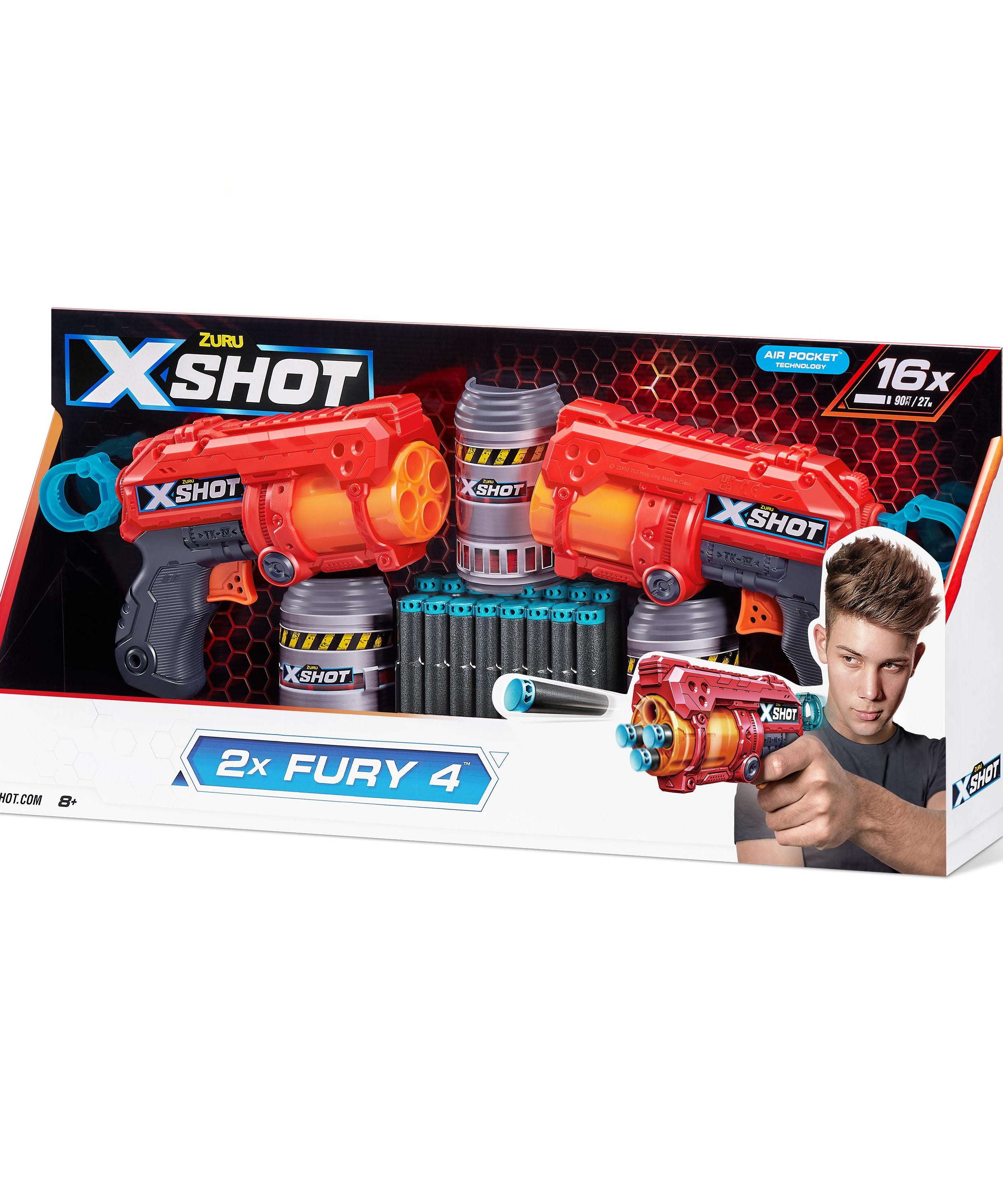 X-Shot Excel Double Fury 4 Blaster Combo Pack for Kids Ages 6+, 16 Darts & 3 Can Targets