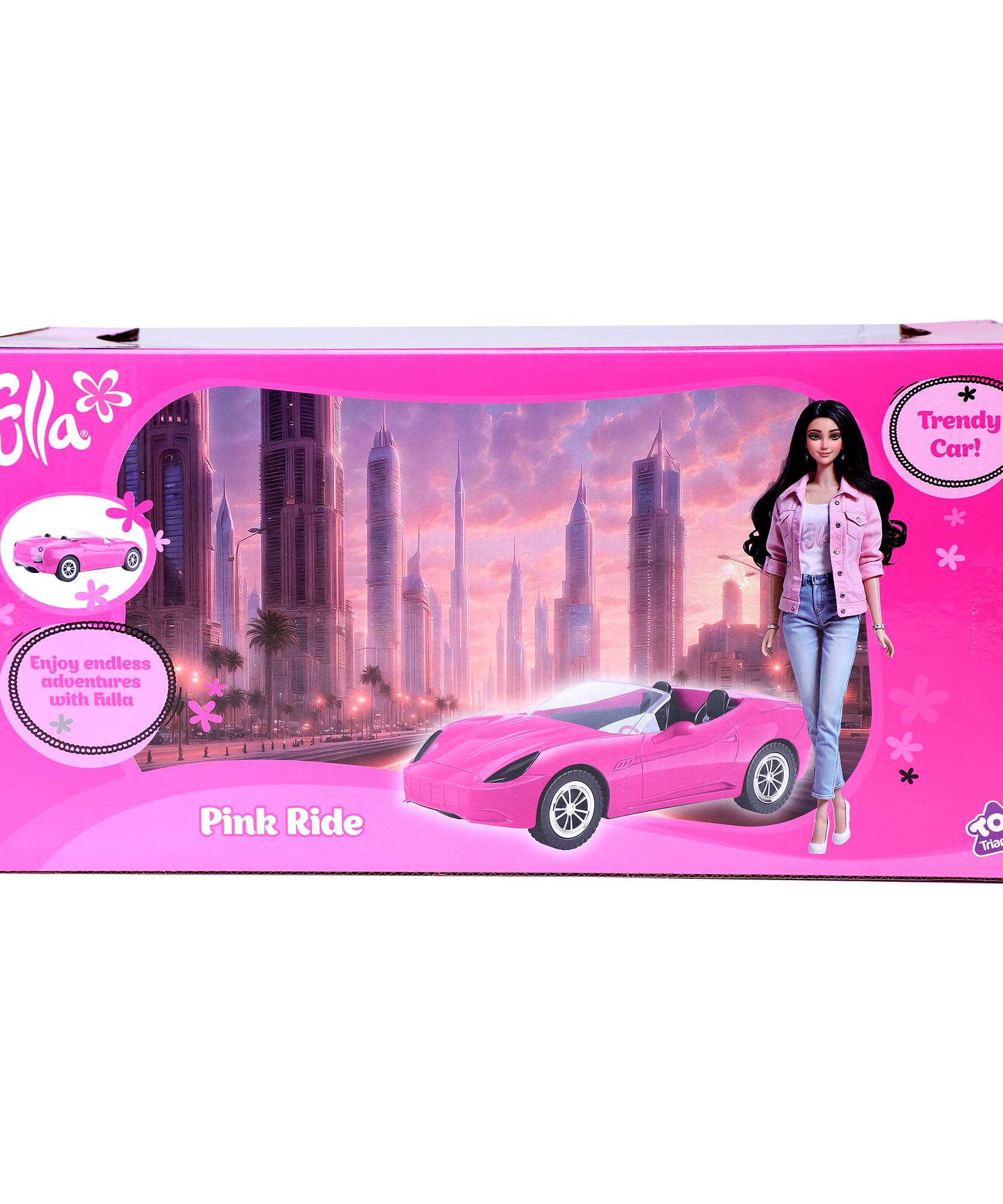 Fulla Ride and Drive Doll with Pink Car, Floral Scarf and Pink Denim Jacket, Pretend Travel Adventure Play Set for Kids Aged 3+