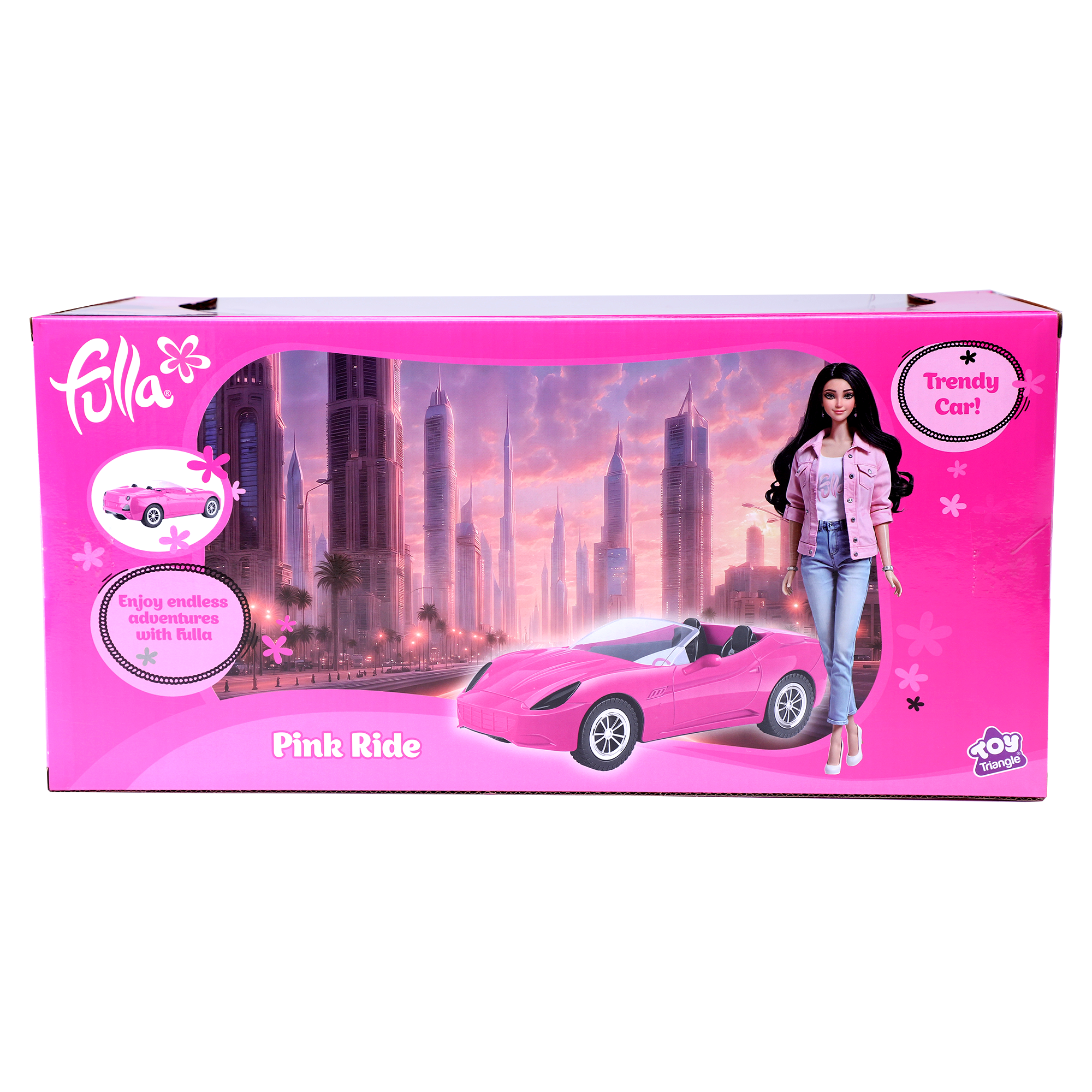 Fulla Ride and Drive Doll with Pink Car, Floral Scarf and Pink Denim Jacket, Pretend Travel Adventure Play Set for Kids Aged 3+