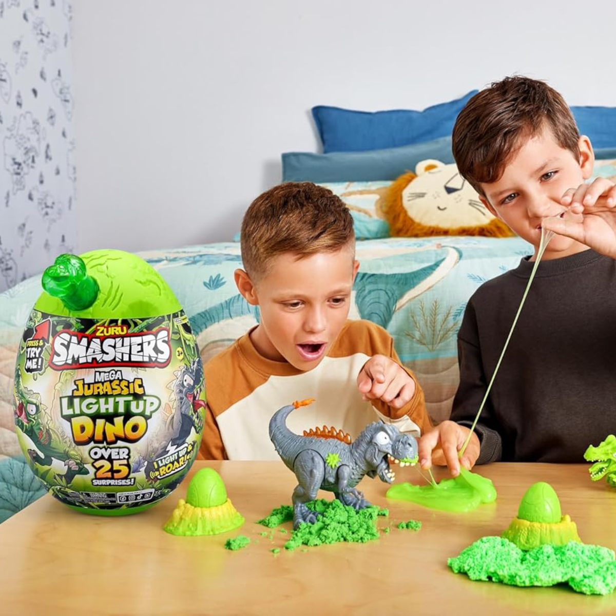 Zuru Smashers Mega Dino Combo Pack Dino Island and Jurassic Light Up Dino Egg with 25+ Surprises Slime Sand Foam Mini Eggs Buildable Dinosaurs Light Up and Roaring Features Collectible Toy Playset for Kids 5+