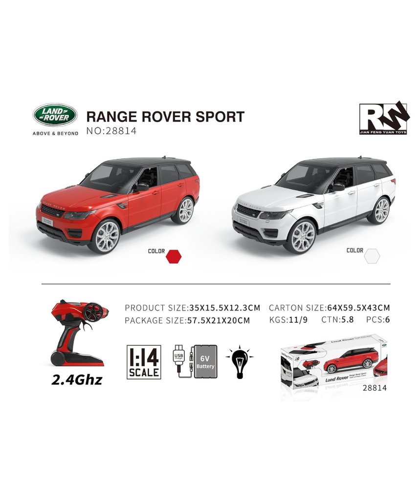 RW Range Rover Sport Remote Control Car 1:14 Scale, Licensed Land Rover RC Car with Rechargeable Battery, High Detail Exterior, Red or White (Assorted)Toy SUV for Kids