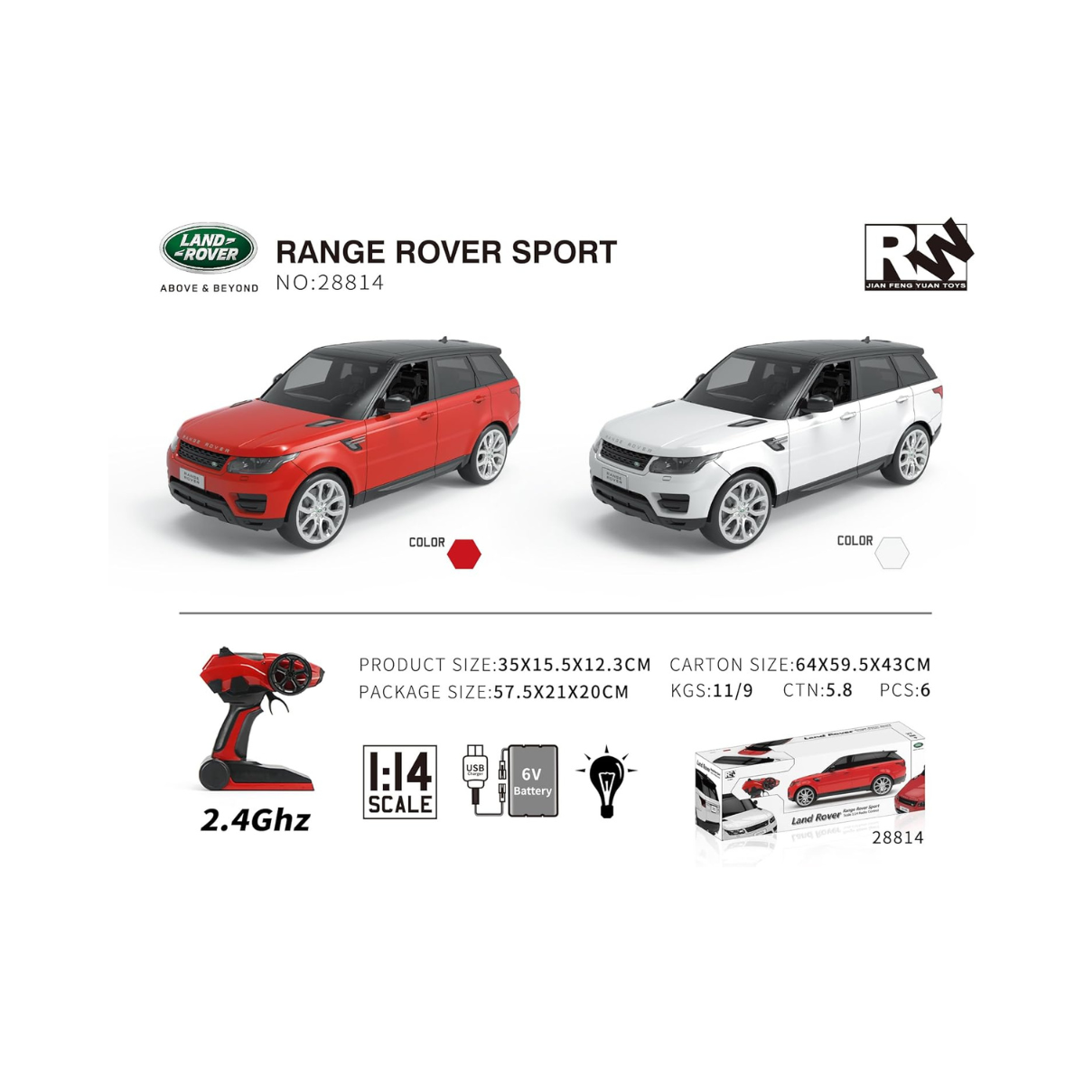 RW Range Rover Sport Remote Control Car 1:14 Scale, Licensed Land Rover RC Car with Rechargeable Battery, High Detail Exterior, Red or White (Assorted)Toy SUV for Kids