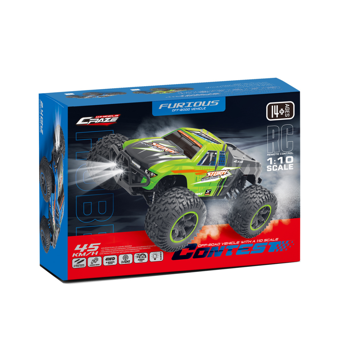Crazon 2.4GHz RC High Speed Off Road Truck 1:10 Scale 4WD Remote Control Car RTR, 55kmh Fast Racing Monster Truck with LED Lights, Assorted Color, Ages 14+