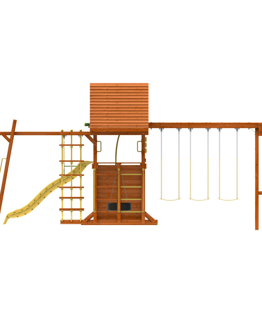 Kiddoro Discovery Den with Monkey Bars Wooden Swing Set, Backyard Playground with Slide, Swings, Climbing Wall & Clubhouse, Kids 2+ Years