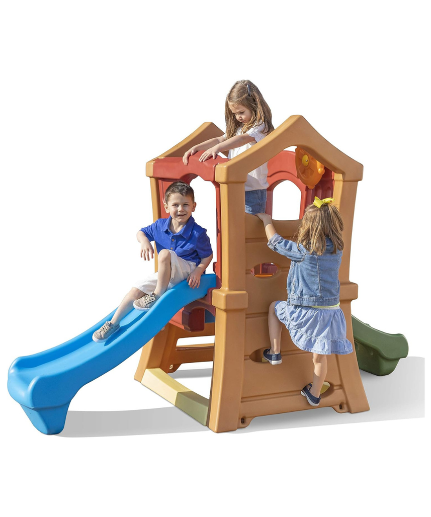 Step2 Double Slide Climber, Brown, Two-Tier Outdoor Climber with Ladder, Rock Wall & Rotating Steering Wheel