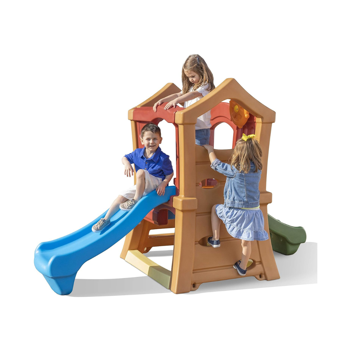 Step2 Double Slide Climber, Brown, Two-Tier Outdoor Climber with Ladder, Rock Wall & Rotating Steering Wheel
