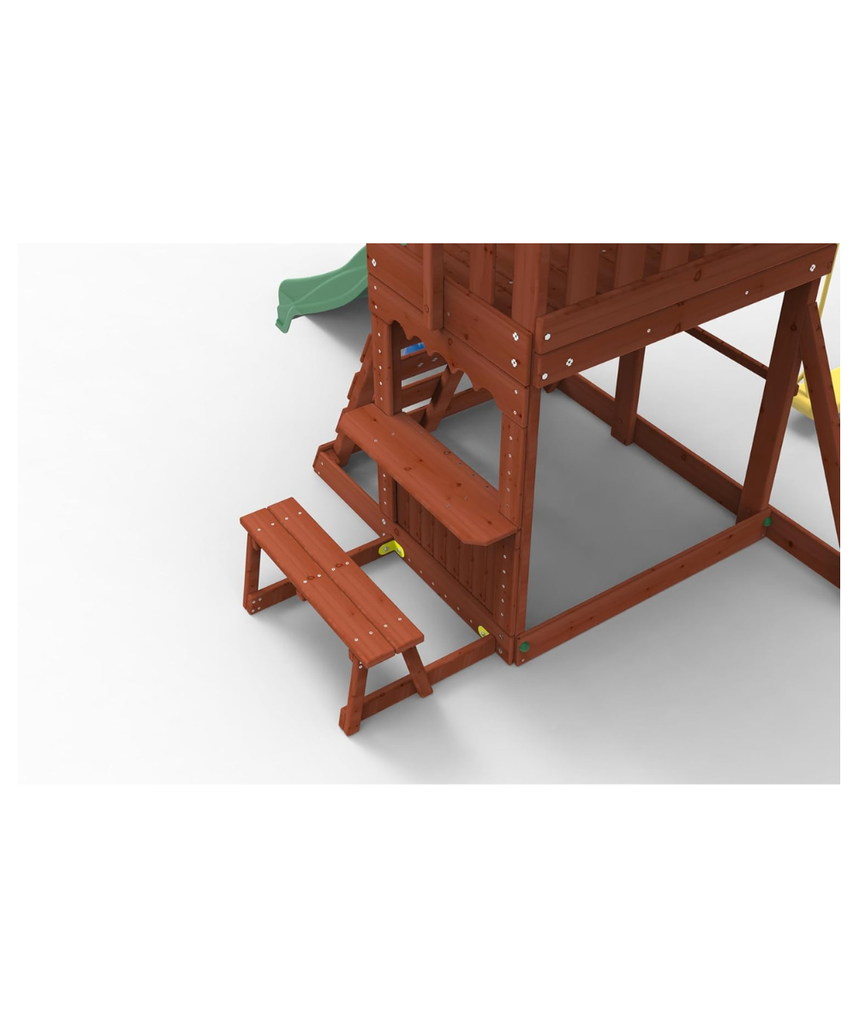 Kiddoro Mighty Jungle Wooden Outdoor Playset, Double Slide & 2 Swings, Climbing Wall, Playhouse with Picnic Table, Backyard Garden Swing Set for Kids 2+ Years