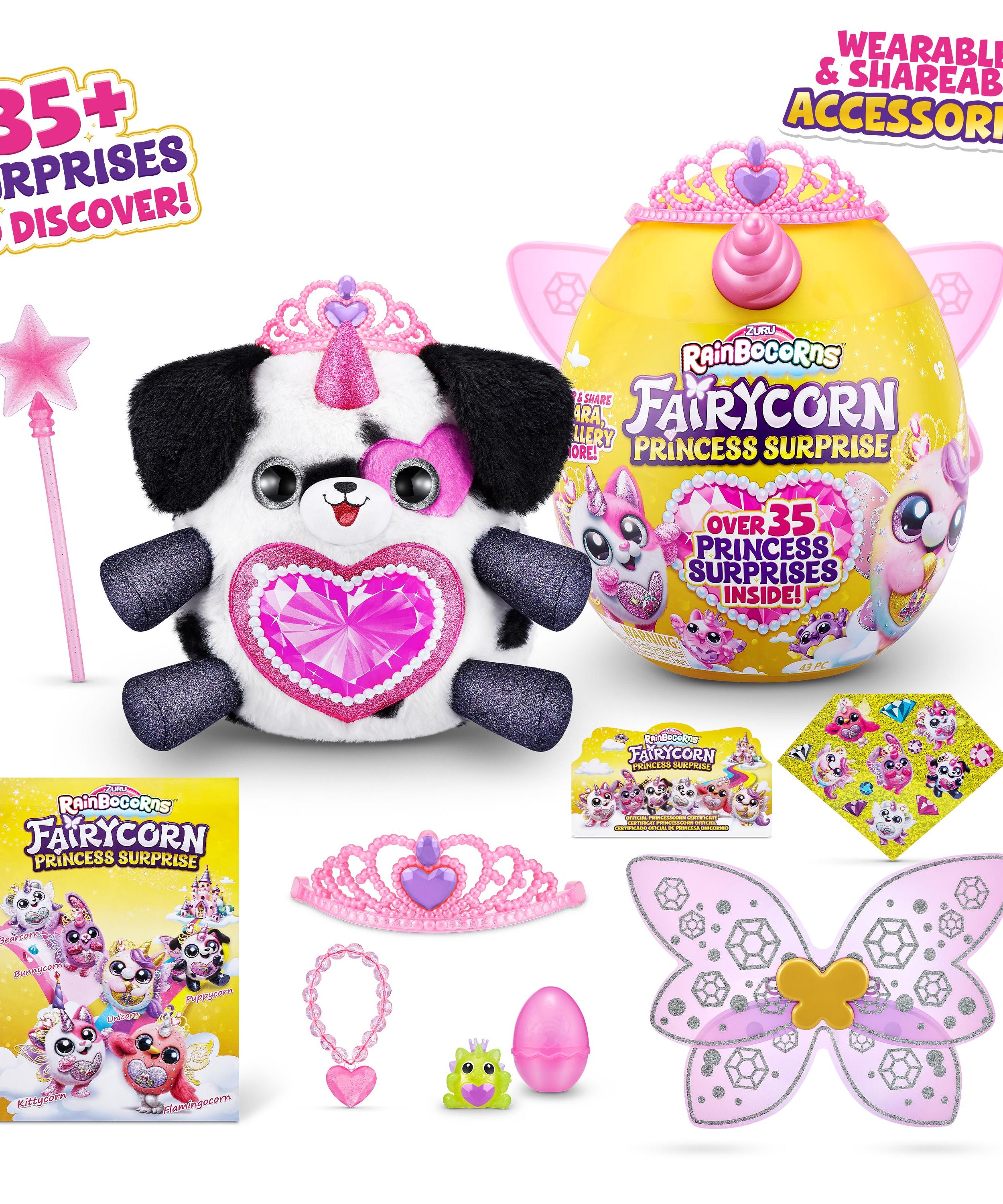 Rainbocorns Fairycorn Princess Surprise (Puppy) 11" Collectible Plush Toy with 35+ Surprises, Fairy Wings, Tiara, Wand, Boo-Boocorn, and Surprise Egg, Soft Toy for Girls Ages 3+