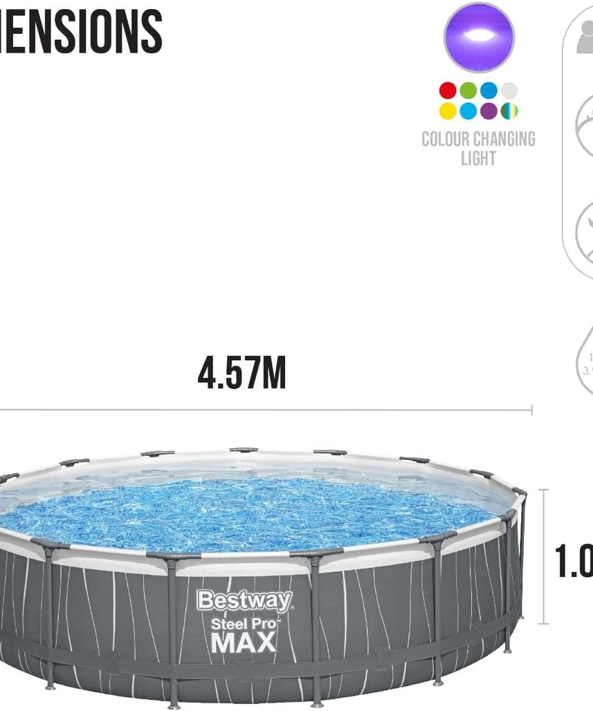 Bestway Steel Pro Max™ Round Frame Swimming Pool with LED Light & Filter Pump, 15 ft (4.57m x 1.07m) – Above Ground Pool Set, Grey, Ages 18+