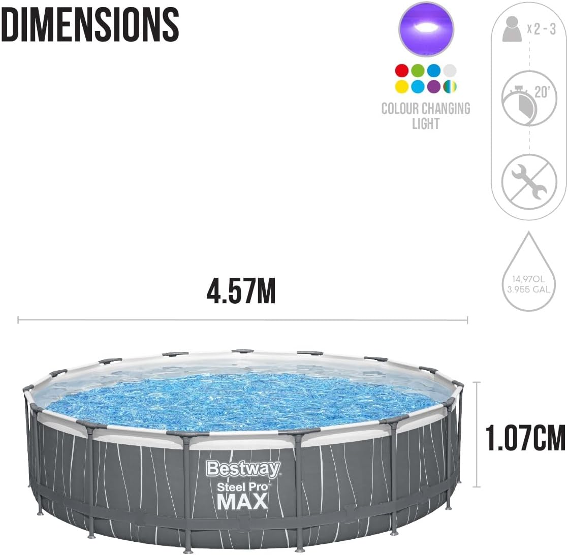 Bestway Steel Pro Max™ Round Frame Swimming Pool with LED Light & Filter Pump, 15 ft (4.57m x 1.07m) – Above Ground Pool Set, Grey, Ages 18+