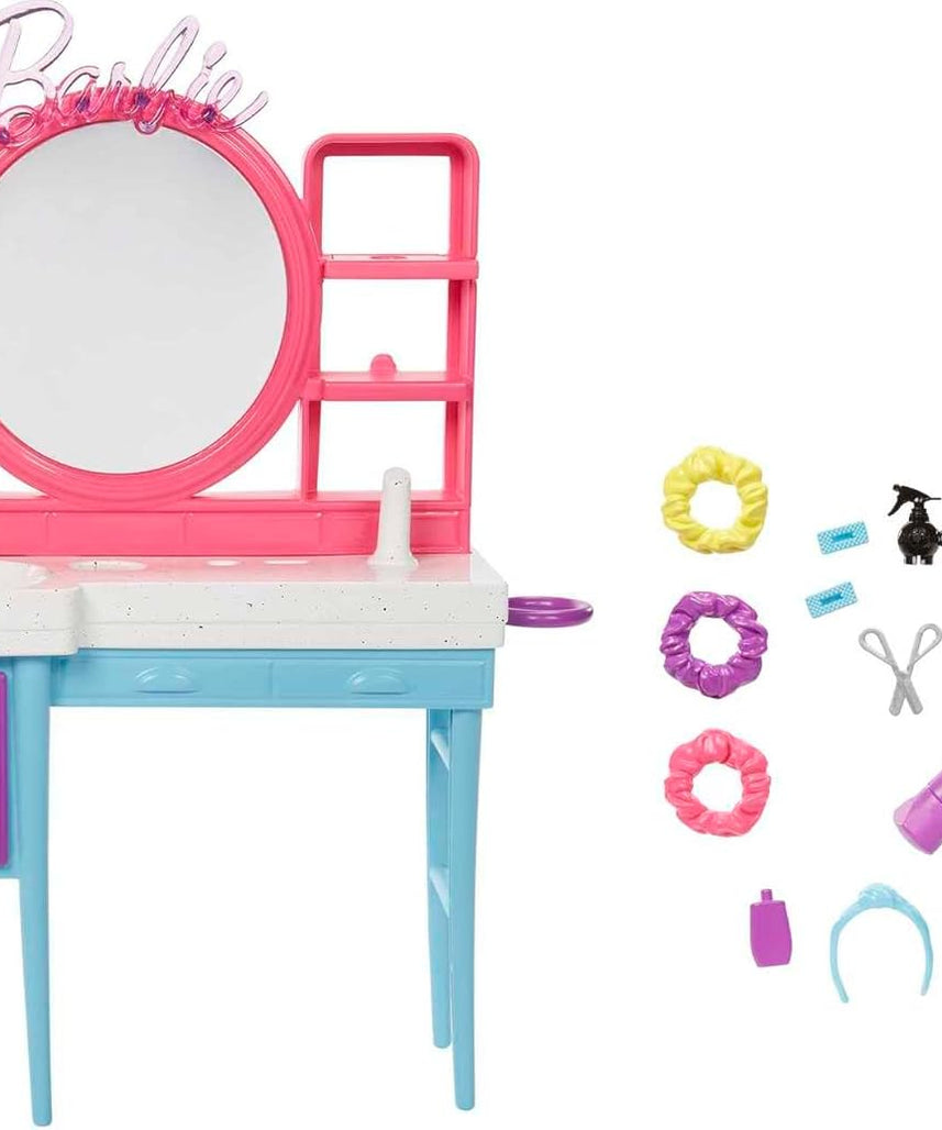 مجموعة صالون الشعر باربي HKV00 مع دمية شعر متغيرة اللون، وطاولة زينة، وأكثر من 15 ملحقًا للأطفال من سن 3 سنوات فما فوق