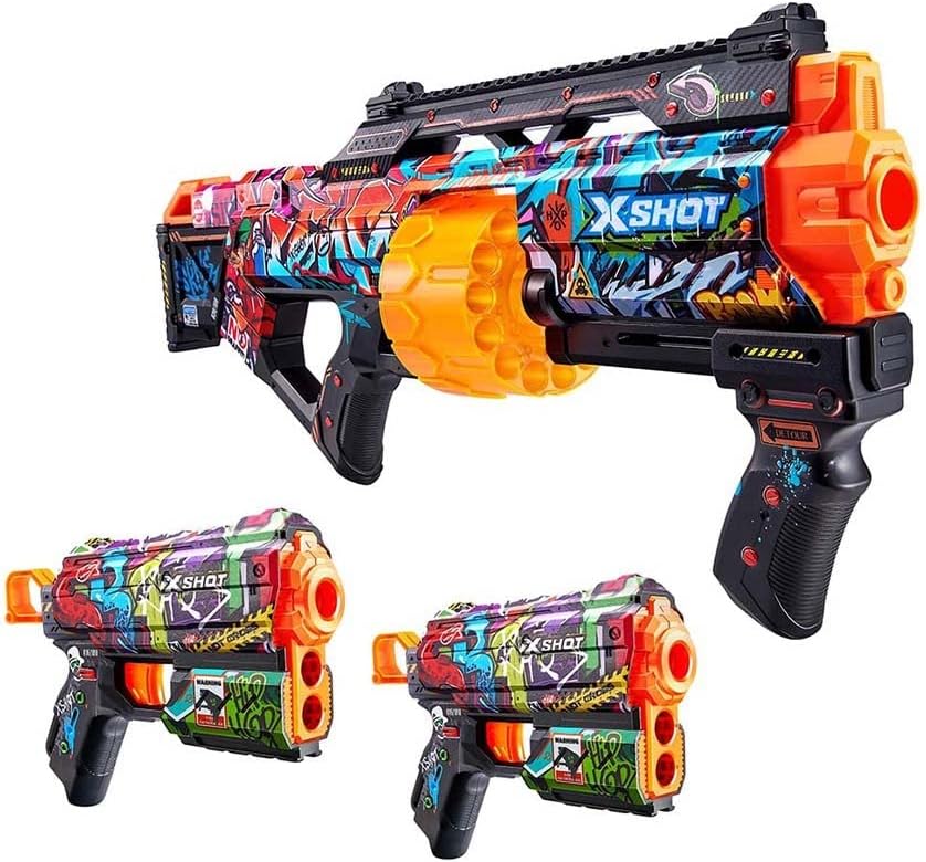 مجموعة إكس شوت سكينز كومبو، لاست ستاند وعبوتين من مسدسات فلكس، مسدسات لعب قابلة للتخصيص، تقنية إير بوكيت، مدى ٢٧ مترًا / ٩٠ قدمًا، ألعاب خارجية، للأولاد والبنات، متعة العطلات والإجازات