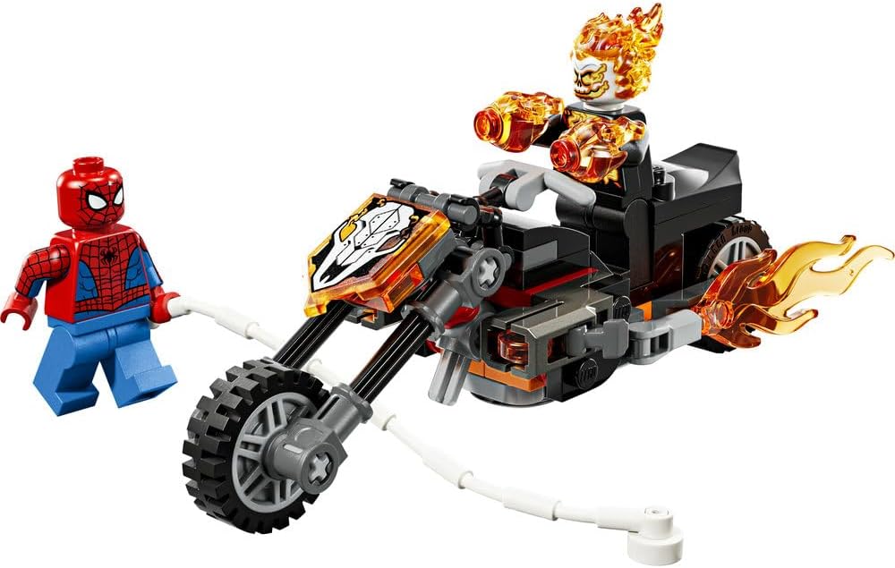 LEGO | Marvel Spider-Man vs. Ghost Rider Motorcycle - Superhero Toy w/a Motorbike Model, 2 Minifigures, Web String & Fire Elements - Gift for 6+ Year Old Boys - 76335