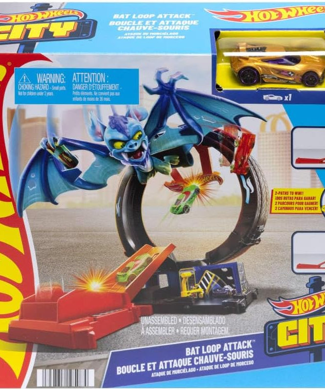 Hot Wheels City Bat Loop Attack Playset with Rotating Tire Loop, Adjustable Launcher & 1:64 Scale Toy Car, Connectable Track Set for Kids 4+