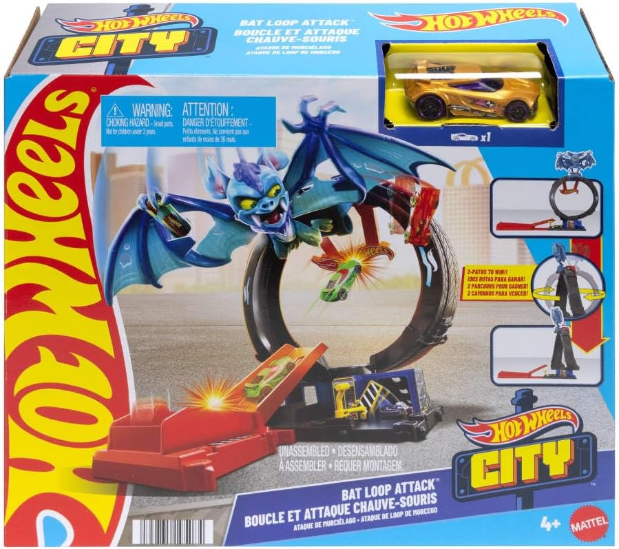 Hot Wheels City Bat Loop Attack Playset with Rotating Tire Loop, Adjustable Launcher & 1:64 Scale Toy Car, Connectable Track Set for Kids 4+