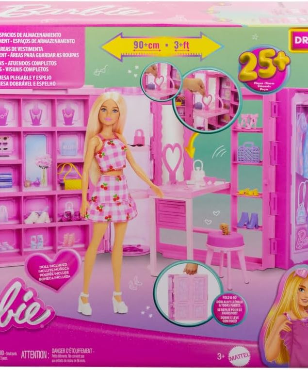 Barbie Dream Closet Toy Playset with Blonde Fashion Doll, Clothes & Accessories, 3-ft-Wide with 25+ Pieces, 3 Complete Looks, Age 3+ Years