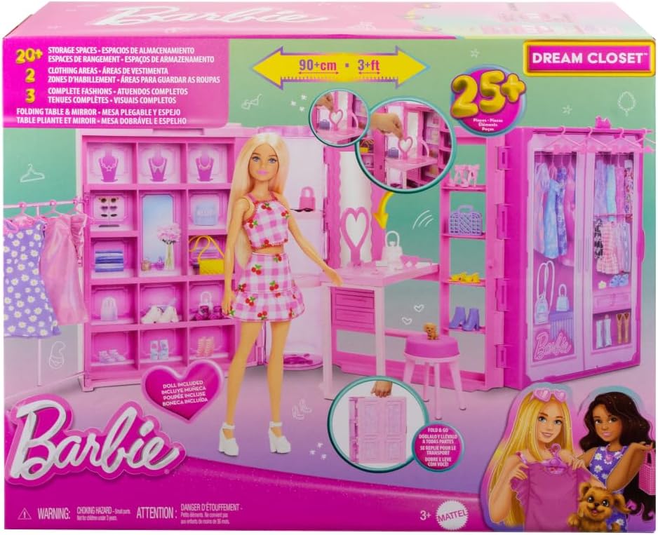 Barbie Dream Closet Toy Playset with Blonde Fashion Doll, Clothes & Accessories, 3-ft-Wide with 25+ Pieces, 3 Complete Looks, Age 3+ Years