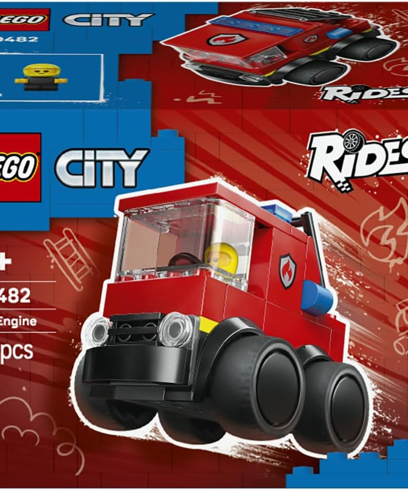 LEGO City Rides – Fire Engine Toy - Emergency Vehicles Building Set w/a Firefighter Junior Minifigure - Party Bag Fillers - Small Collectible Gift for 5+ Year Old Boys - 60482
