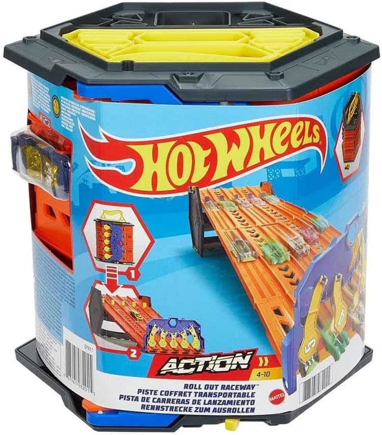 Hot Wheels Roll Out Raceway Track Set, Storage Bucket Unrolls into 5-Lane Racetrack, Includes 1 Hot Wheels Car, 4+ Years