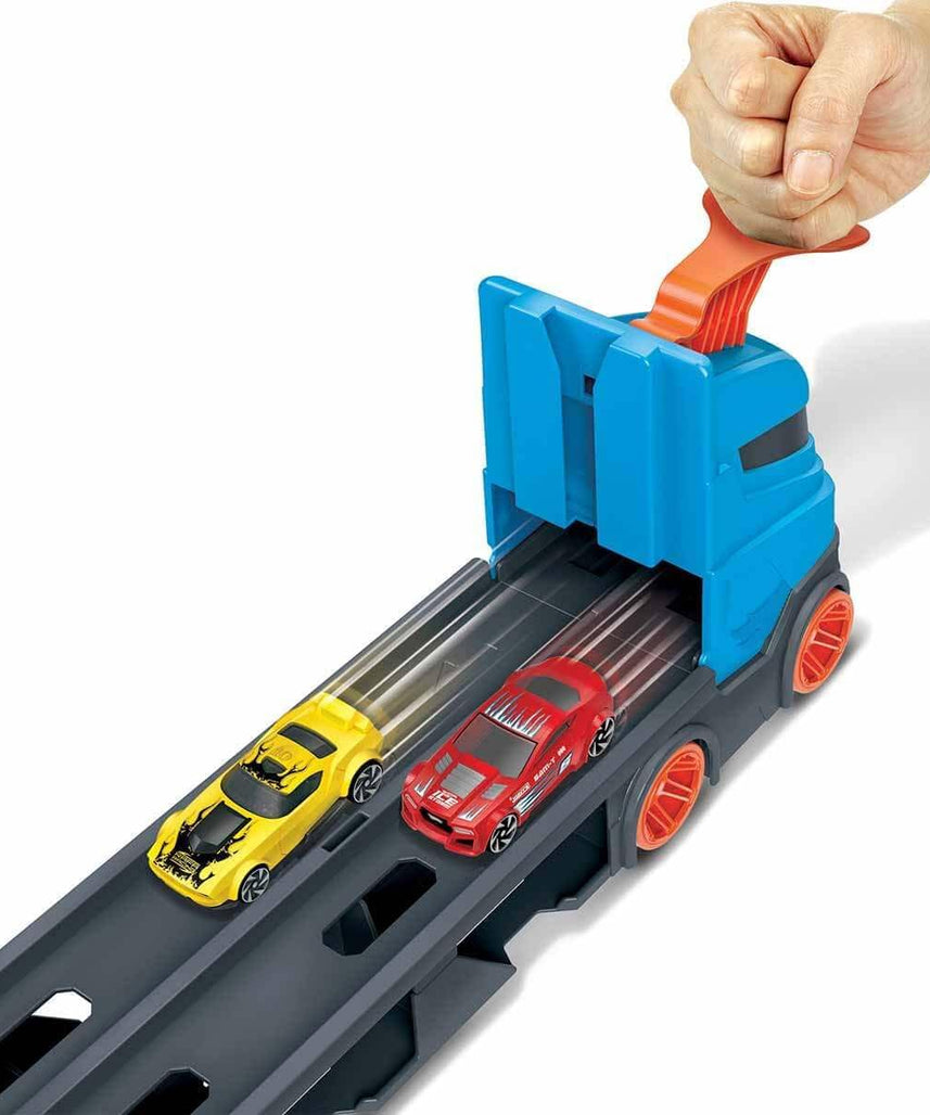 Hot Wheels Convertible Transport Truck GVG37 – 1:64 Scale Semi-Truck Playset with Dual Launcher, 3 Die-Cast Cars & Expandable Track – Ages 4 to 8