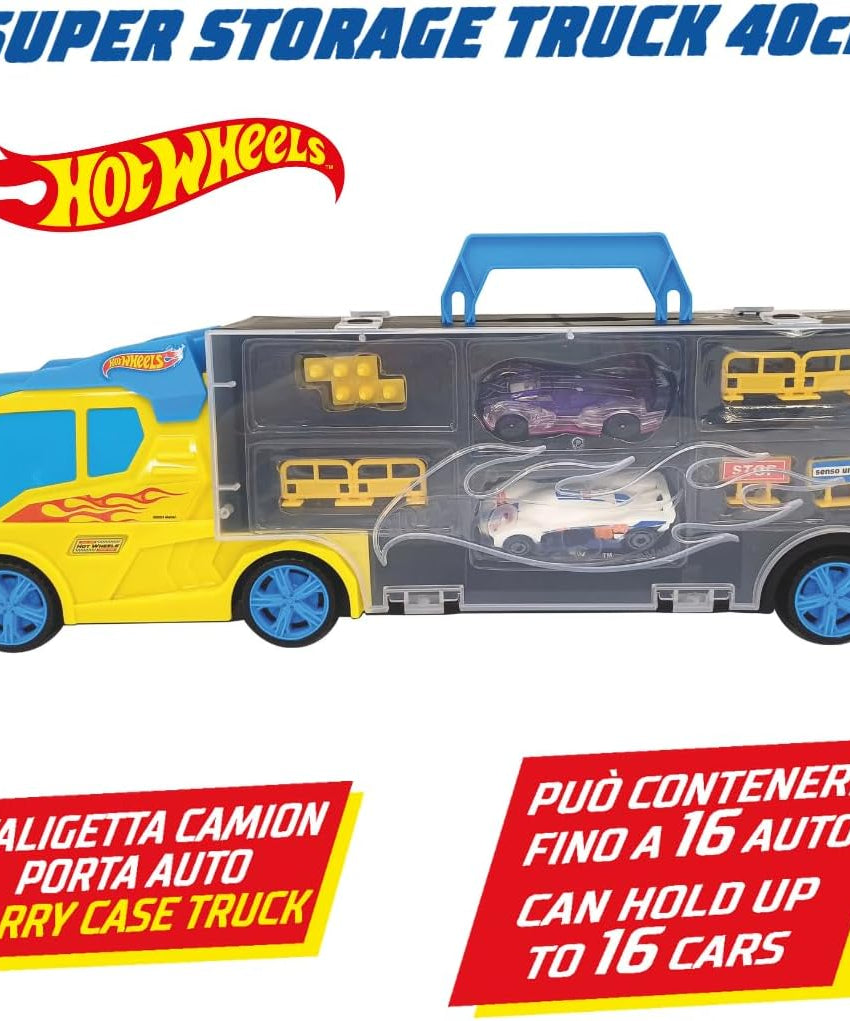 ODS 42041 Hot Wheels Transporter 40, Two Sided Folding Carry Case with Practical Handle and Car Slide, Includes 3 Original Vehicles and Road Signs, Freewheel Operation, Durable Plastic, Orange, Toy Car Storage and Playset for Kids Ages 3 and Up