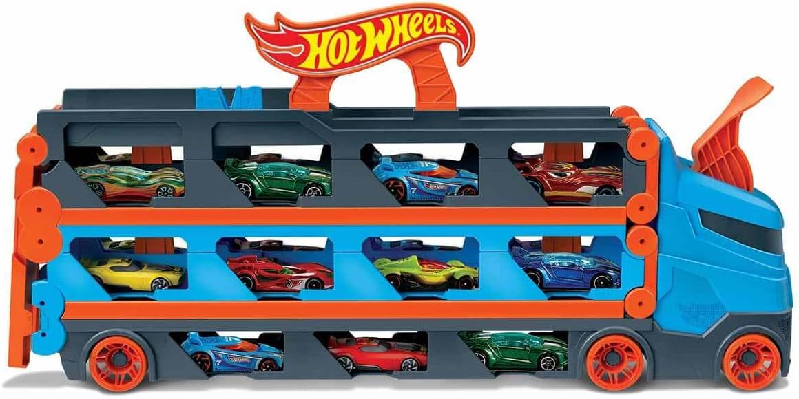 Hot Wheels Convertible Transport Truck GVG37 – 1:64 Scale Semi-Truck Playset with Dual Launcher, 3 Die-Cast Cars & Expandable Track – Ages 4 to 8