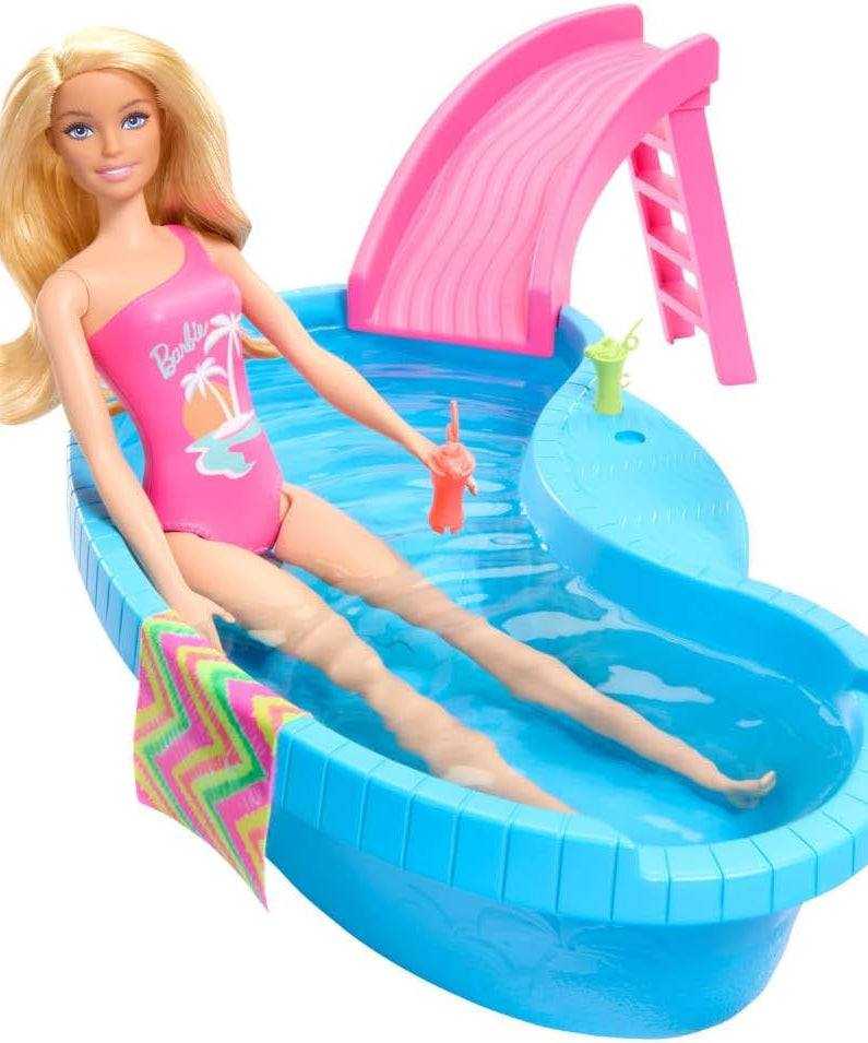 Barbie Doll and Pool Playset, Blonde with Pool, Slide, Towel and Drink Accessories