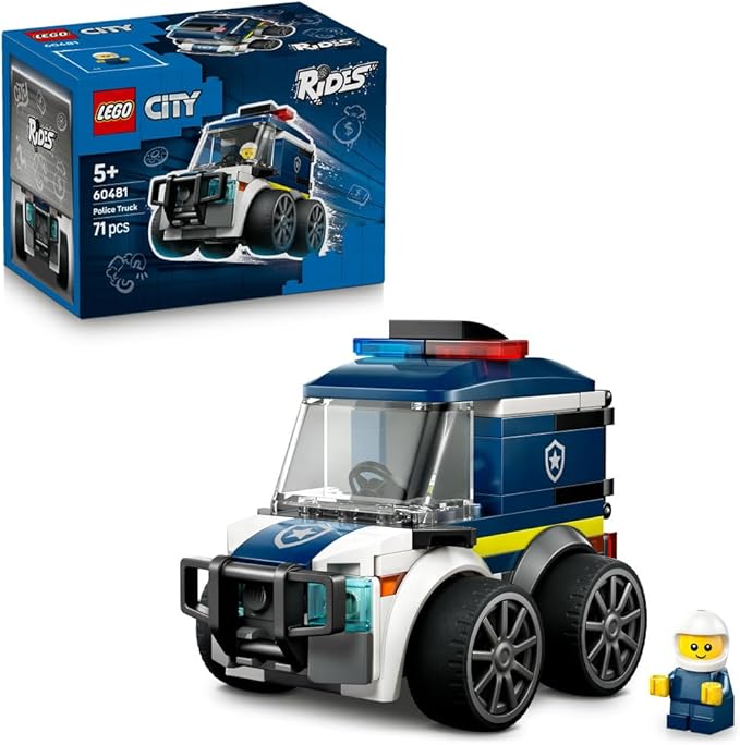 LEGO City Rides – Police Truck Toy - Emergency Vehicles Building Set w/a Police Officer Junior Minifigure - Party Bag Fillers - Small Collectible Gift for 5+ Year Old Boys - 60481