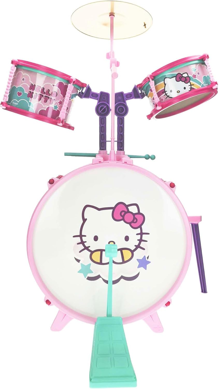 Hello Kitty Kids Drum Set with Stool, Bass Drum, Tom Drums, Cymbal and Drumsticks, Beginner Musical Instrument Kit for Children, 3Y+ Years