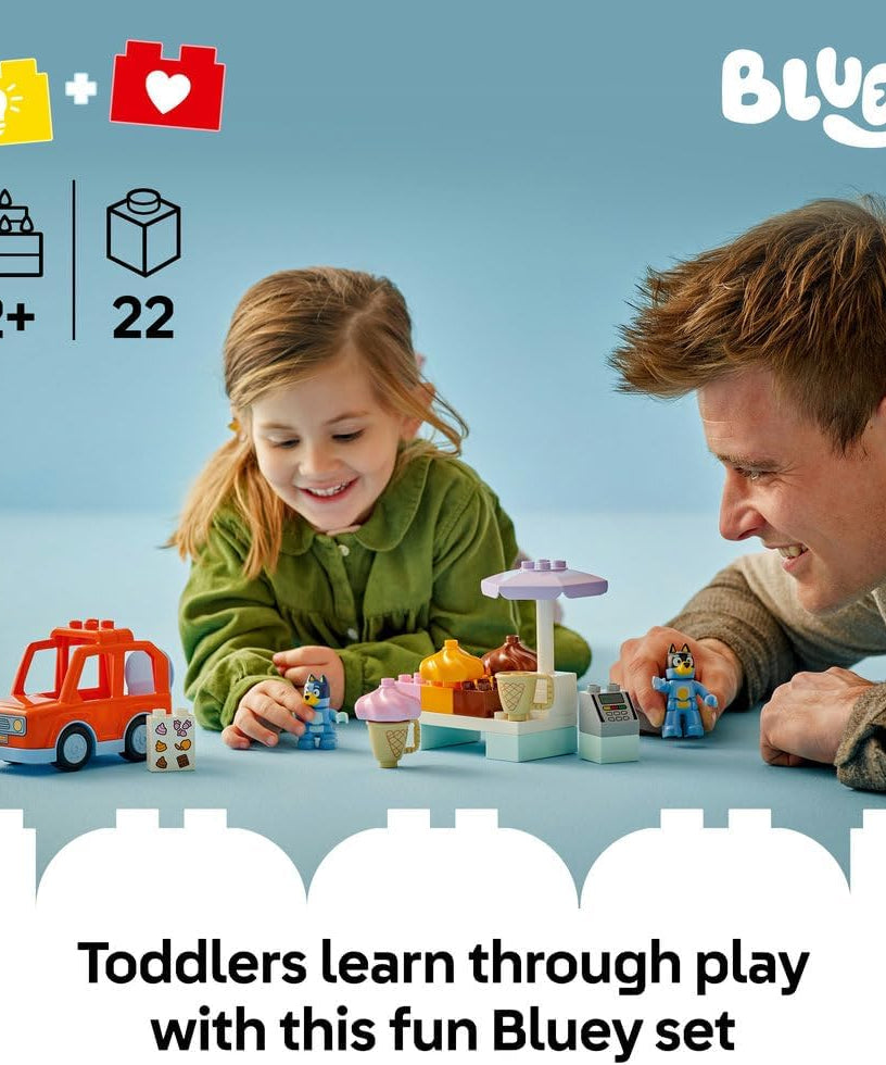 LEGO DUPLO Bluey Ice Cream Trip Toddler Toy with Vehicle Ice Cream Stand and 2 Figures including Bandit Gift for 2+ Year Old Girls and Boys 10458