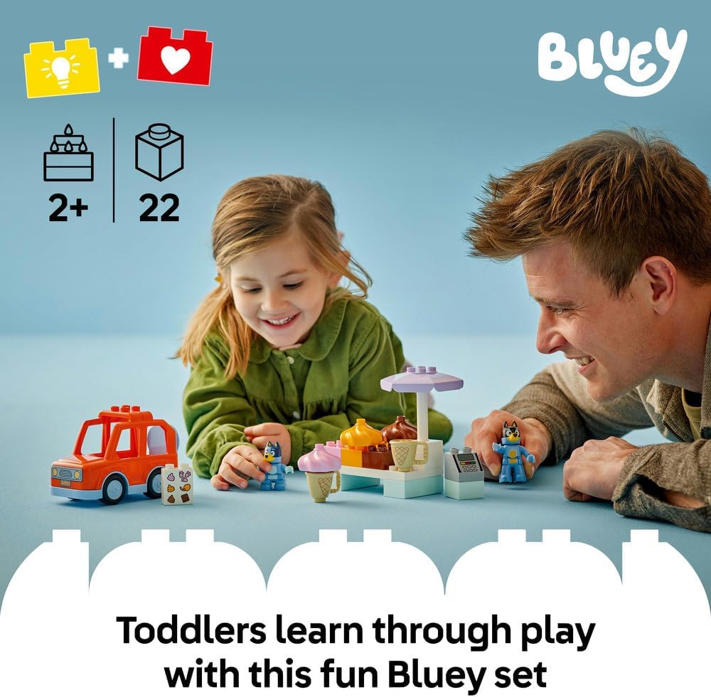 LEGO DUPLO Bluey Ice Cream Trip Toddler Toy with Vehicle Ice Cream Stand and 2 Figures including Bandit Gift for 2+ Year Old Girls and Boys 10458