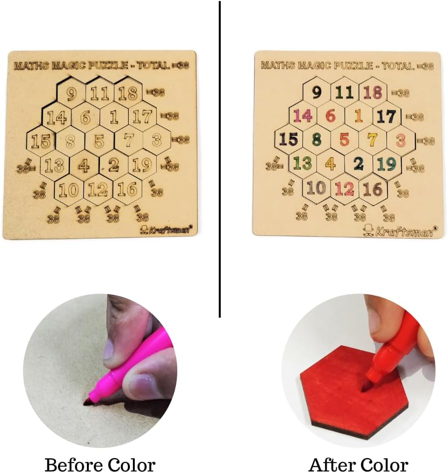 Kraftsman Wooden Number Coins Math Puzzle with Tray Base, DIY Colorable Educational Counting Game for Logical Thinking, 4+ Years