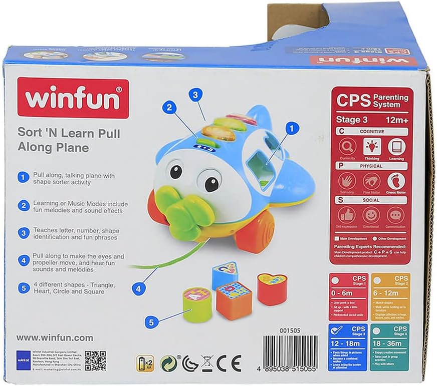 Winfun Sort N Learn Pull Along Plane for Toddlers Age 12 Months and Up with Shape Sorter, Talking Features, Music, and Flashing Lights