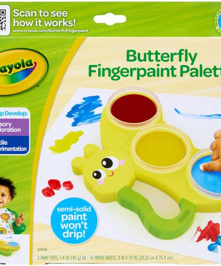 Crayola Butterfly Fingerpaint Palette – Toddler Art Set with 3 Washable Paint Pots & 10 Large Sheets | Mess-Free Sensory Painting Kit for Kids, Creative Gift for Ages 2+