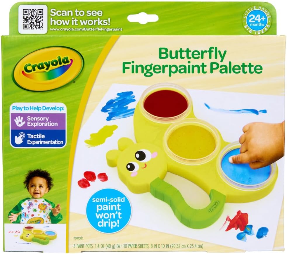 Crayola Butterfly Fingerpaint Palette – Toddler Art Set with 3 Washable Paint Pots & 10 Large Sheets | Mess-Free Sensory Painting Kit for Kids, Creative Gift for Ages 2+