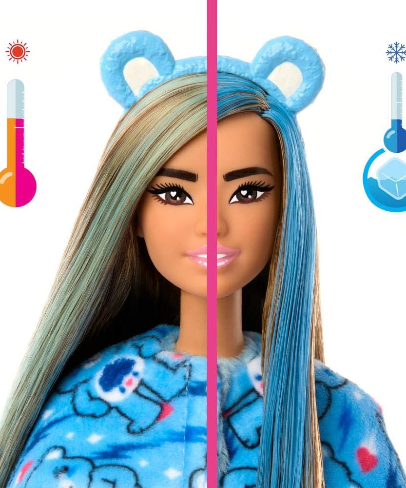Barbie Cutie Reveal Doll & Accessories, Care Bears Series, Grumpy Bear Plush Costume with 10 Surprises, Color Change & Mini Bear, Fashion Doll for Kids 3+