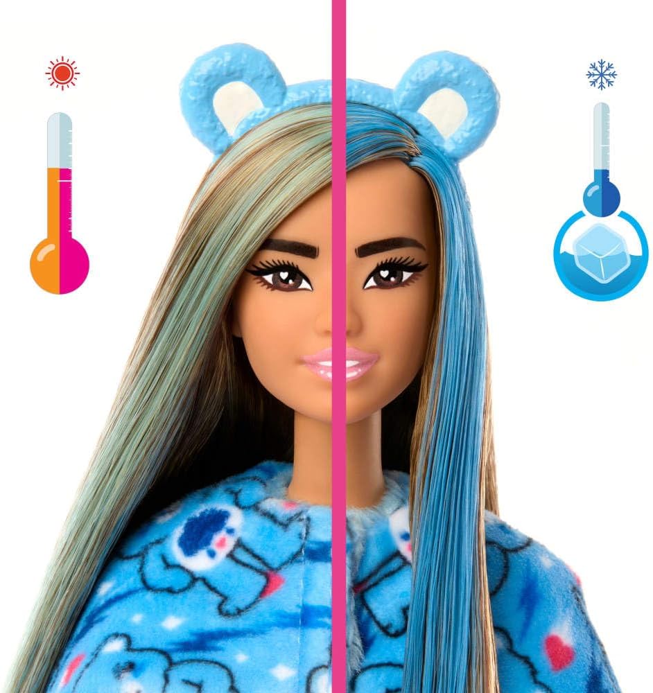 Barbie Cutie Reveal Doll & Accessories, Care Bears Series, Grumpy Bear Plush Costume with 10 Surprises, Color Change & Mini Bear, Fashion Doll for Kids 3+