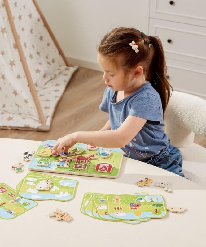 Viga Wooden Farm Lacing Game Set, Educational Wooden Threading Toy with 20 Lacing Plates, 3 Threads and 10 Pattern Cards, Fine Motor Skills Activity for Kids, Ages 2+