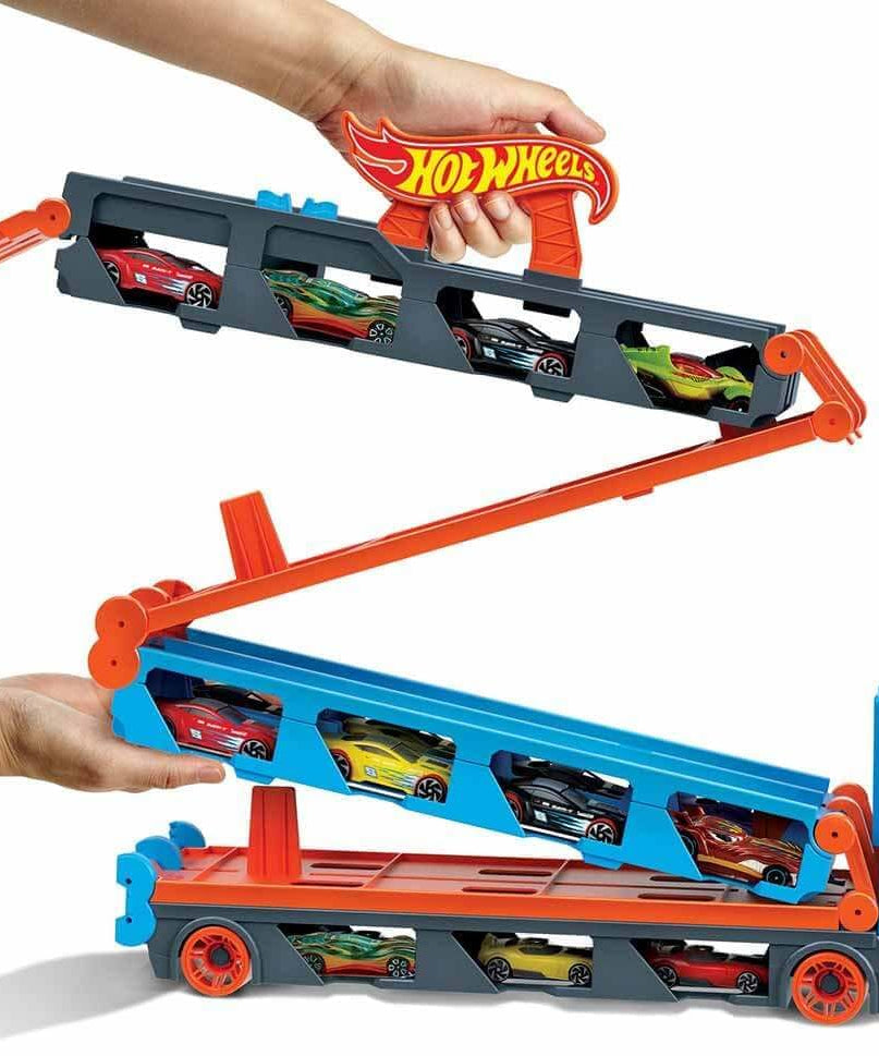 Hot Wheels Convertible Transport Truck GVG37 – 1:64 Scale Semi-Truck Playset with Dual Launcher, 3 Die-Cast Cars & Expandable Track – Ages 4 to 8
