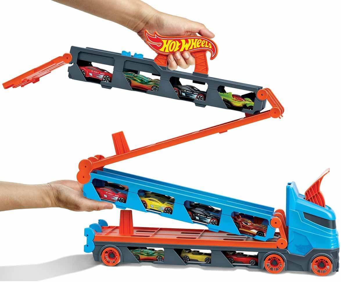 Hot Wheels Convertible Transport Truck GVG37 – 1:64 Scale Semi-Truck Playset with Dual Launcher, 3 Die-Cast Cars & Expandable Track – Ages 4 to 8